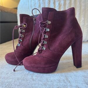 Stuart Weitzman Burgundy Suede Lace-Up Booties – Size 7 – 5” Heel